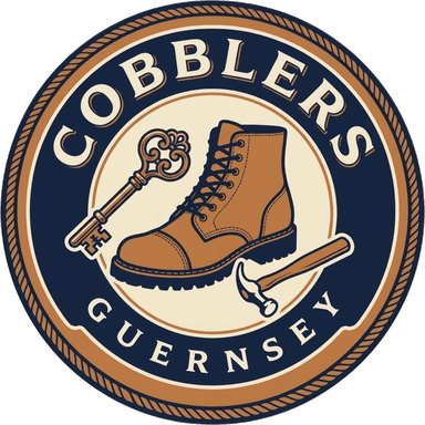 Cobblers Guernsey logo: a leather boot, key and hammer inside a navy and tan roundel